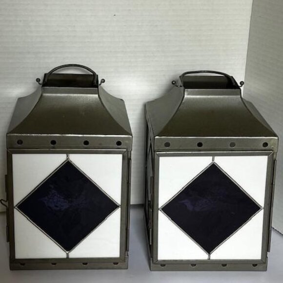 2 Marjolein Bastin Stained Glass Metal Lantern Candle Holder Cobalt Blue Floral - Picture 1 of 4